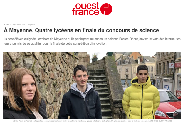 Ouest France : 'Exemple d'article publié sur des participants du concours Science Factor 2021.